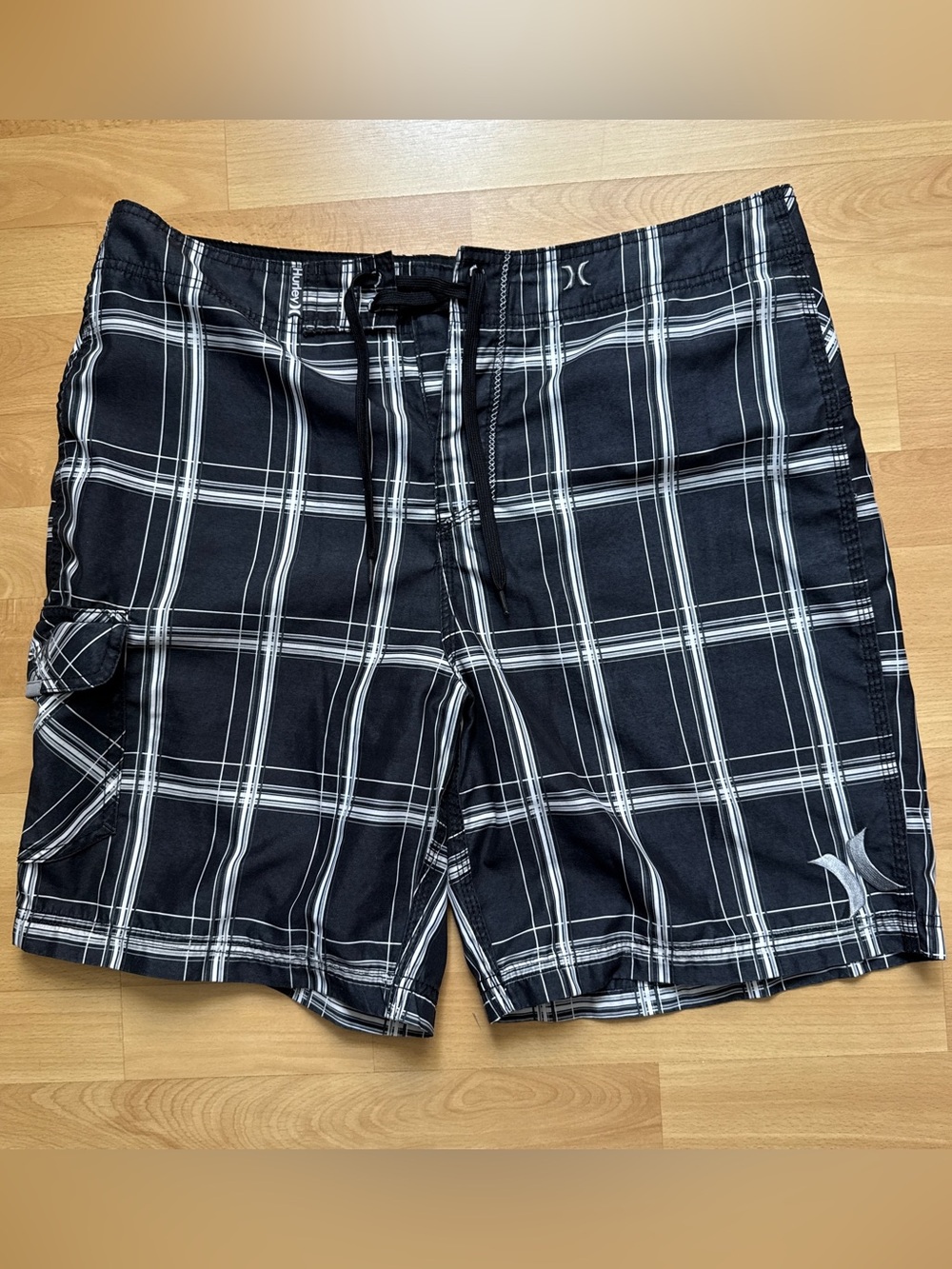Hurley Black and White Plaid Swim Board Shorts